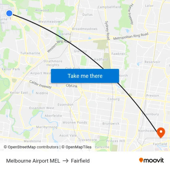 Melbourne Airport MEL to Fairfield map