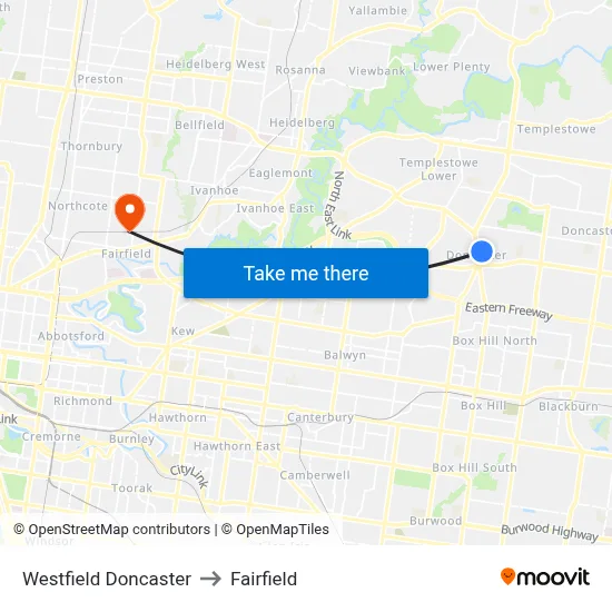 Westfield Doncaster to Fairfield map