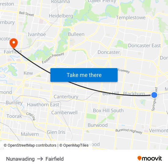 Nunawading to Fairfield map