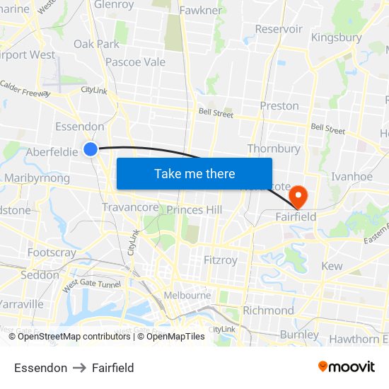 Essendon to Fairfield map