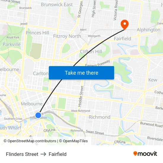 Flinders Street to Fairfield map