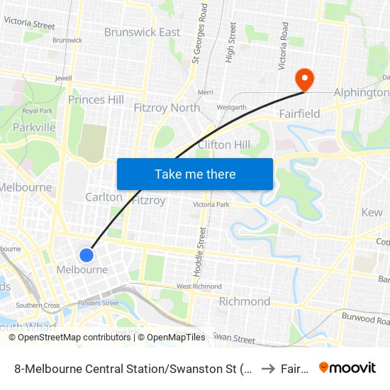 8-Melbourne Central Station/Swanston St (Melbourne City) to Fairfield map