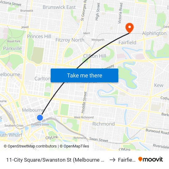 11-City Square/Swanston St (Melbourne City) to Fairfield map