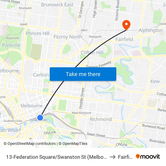 13-Federation Square/Swanston St (Melbourne City) to Fairfield map