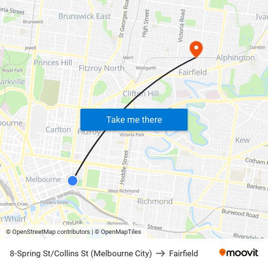 8-Spring St/Collins St (Melbourne City) to Fairfield map