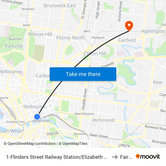 1-Flinders Street Railway Station/Elizabeth St (Melbourne City) to Fairfield map