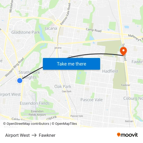 Airport West to Fawkner map