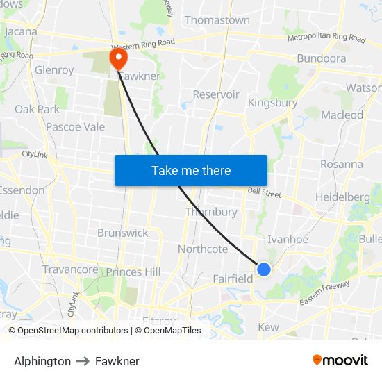 Alphington to Fawkner map