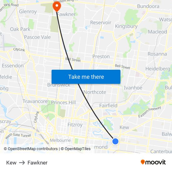 Kew to Fawkner map