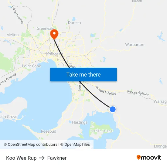 Koo Wee Rup to Fawkner map