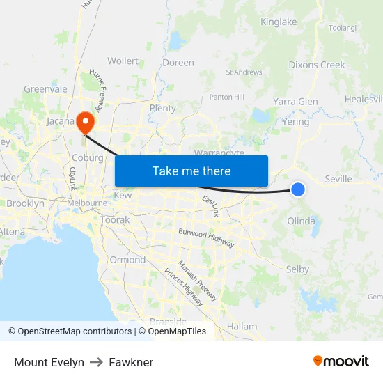 Mount Evelyn to Fawkner map