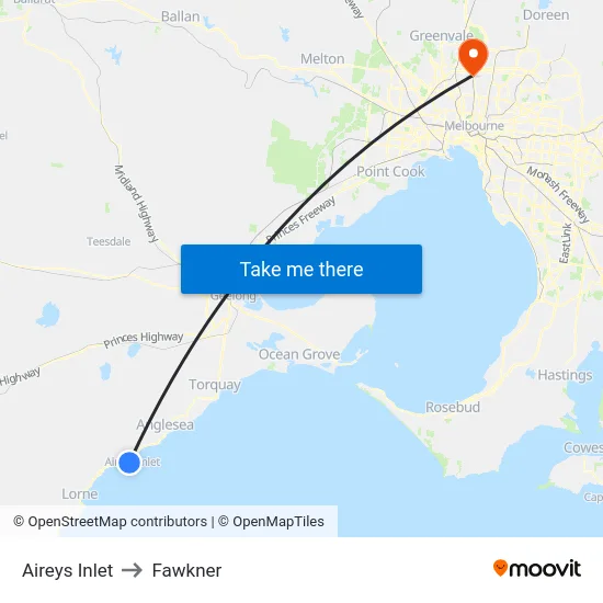 Aireys Inlet to Fawkner map