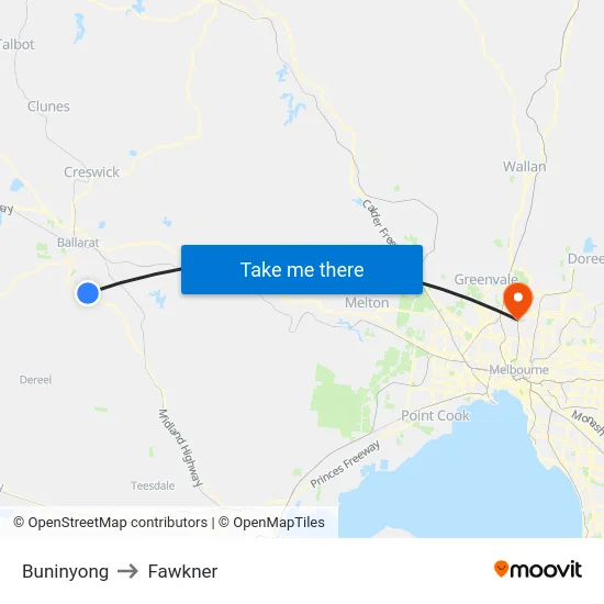 Buninyong to Fawkner map