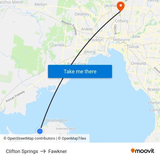 Clifton Springs to Fawkner map