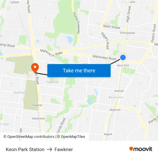 Keon Park Station to Fawkner map