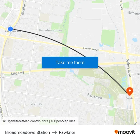 Broadmeadows Station to Fawkner map