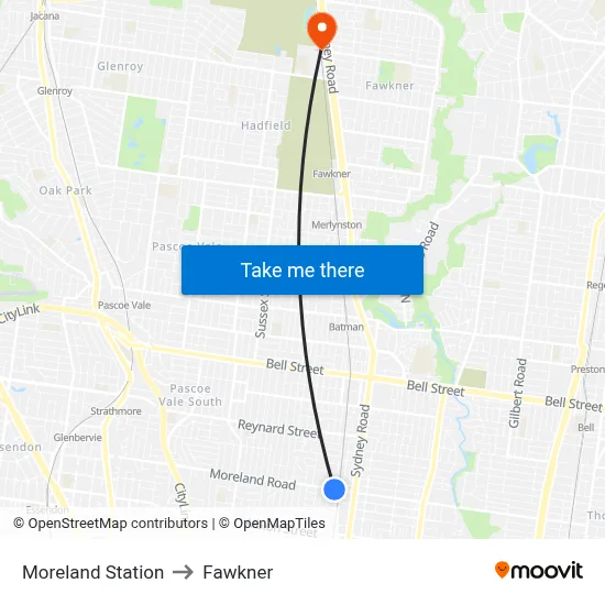 Moreland Station to Fawkner map
