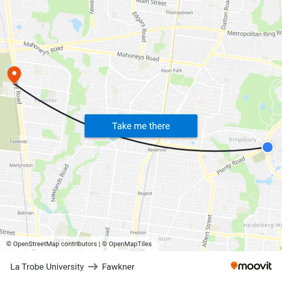 La Trobe University to Fawkner map