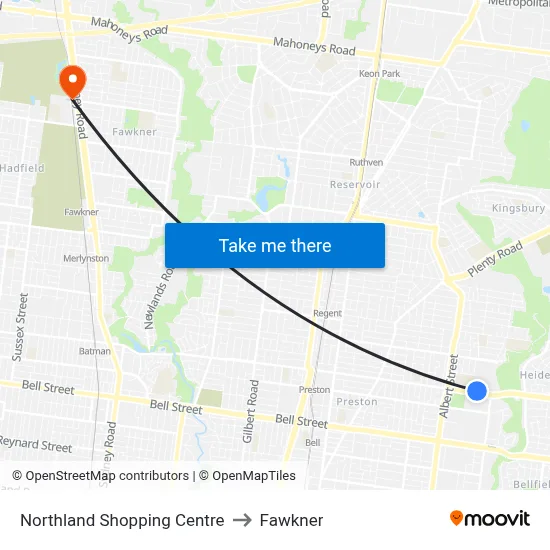 Northland Shopping Centre to Fawkner map