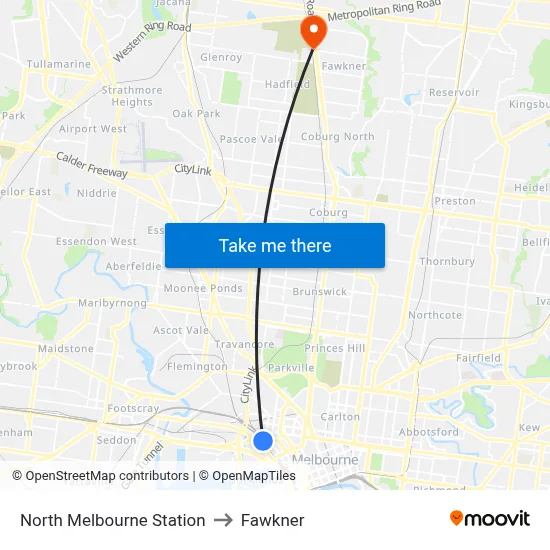 North Melbourne Station to Fawkner map