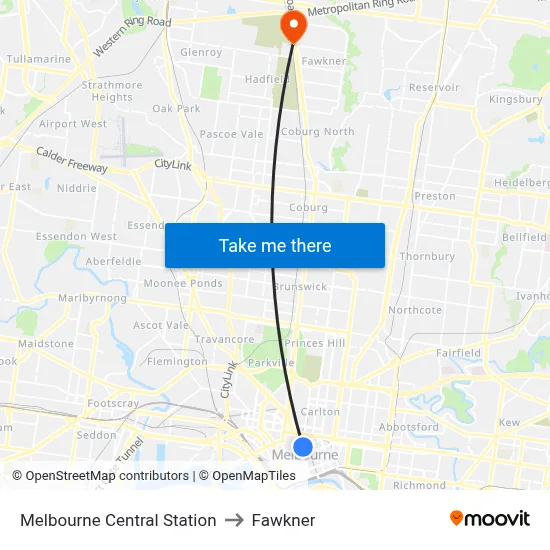 Melbourne Central Station to Fawkner map
