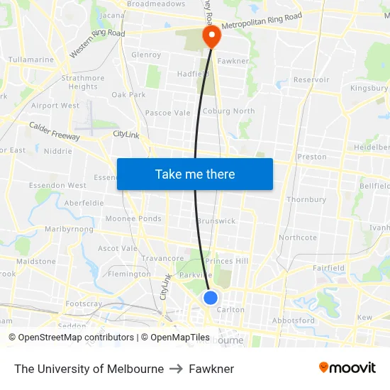 The University of Melbourne to Fawkner map