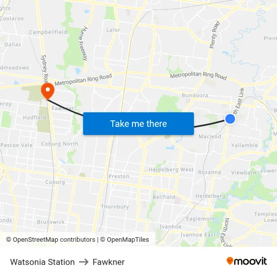 Watsonia Station to Fawkner map