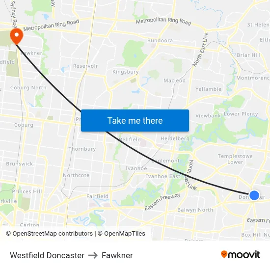 Westfield Doncaster to Fawkner map