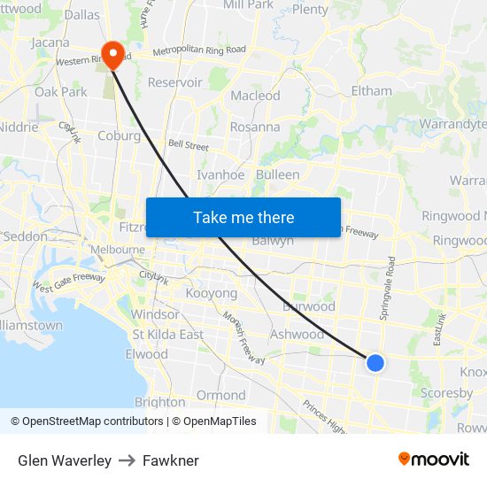 Glen Waverley to Fawkner map