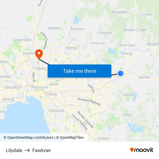 Lilydale to Fawkner map