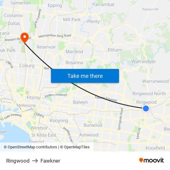 Ringwood to Fawkner map