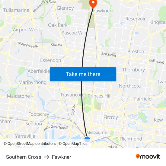 Southern Cross to Fawkner map