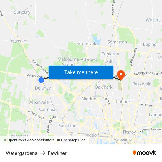 Watergardens to Fawkner map
