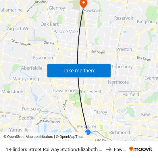 1-Flinders Street Railway Station/Elizabeth St (Melbourne City) to Fawkner map