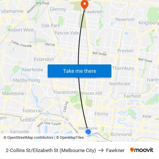 2-Collins St/Elizabeth St (Melbourne City) to Fawkner map