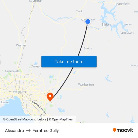 Alexandra to Ferntree Gully map