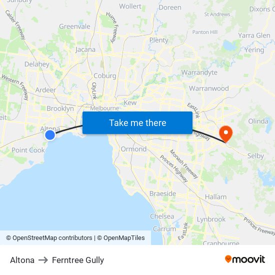 Altona to Ferntree Gully map