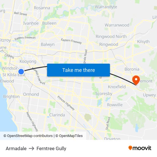 Armadale to Ferntree Gully map