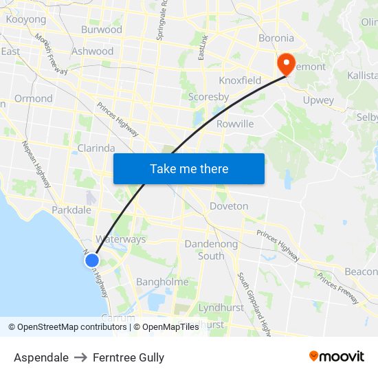 Aspendale to Ferntree Gully map