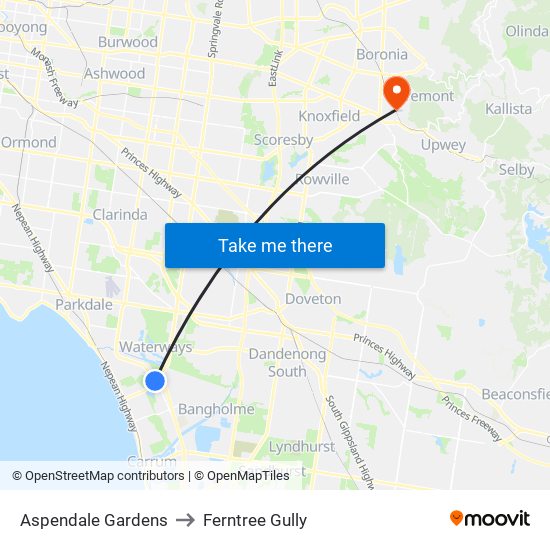 Aspendale Gardens to Ferntree Gully map