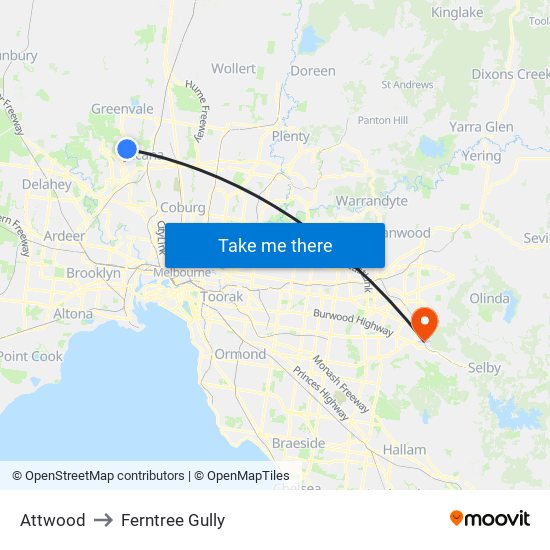 Attwood to Ferntree Gully map