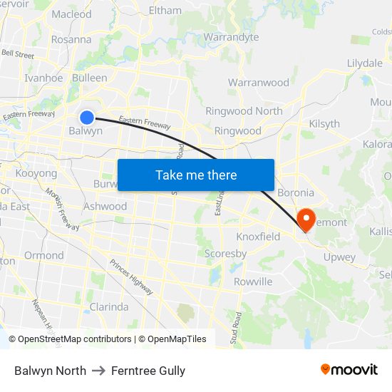 Balwyn North to Ferntree Gully map