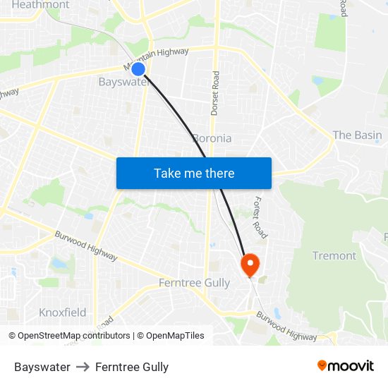 Bayswater to Ferntree Gully map