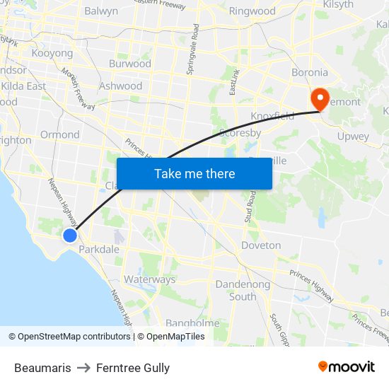 Beaumaris to Ferntree Gully map