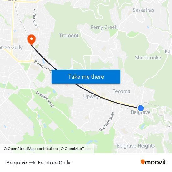 Belgrave to Ferntree Gully map