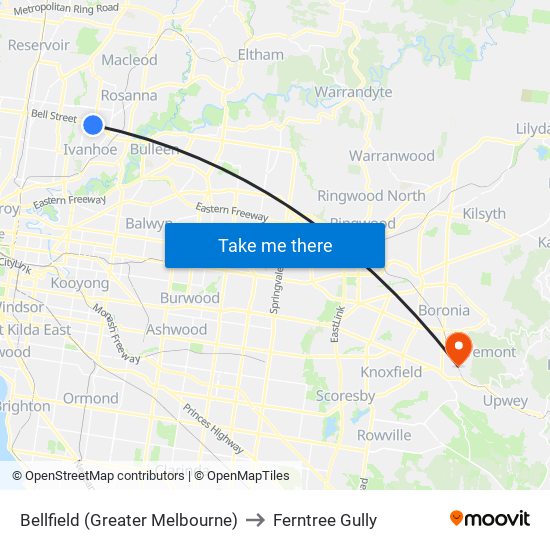 Bellfield (Greater Melbourne) to Ferntree Gully map