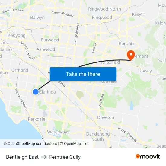 Bentleigh East to Ferntree Gully map