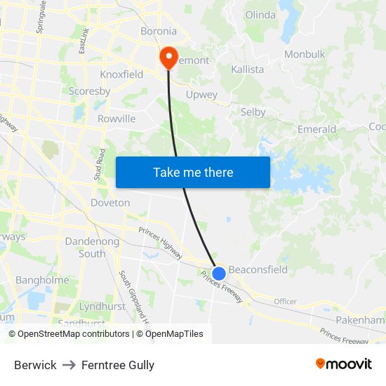 Berwick to Ferntree Gully map