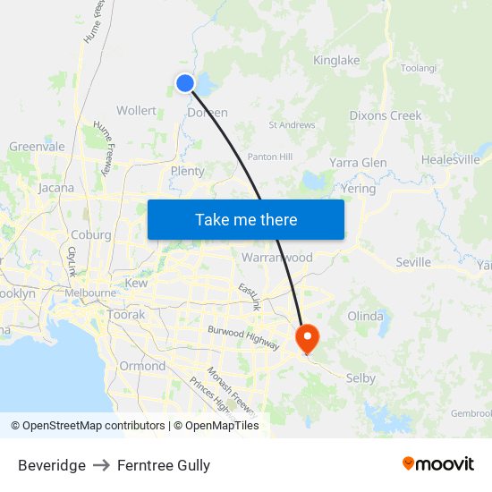 Beveridge to Ferntree Gully map