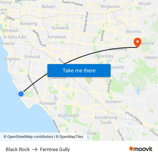 Black Rock to Ferntree Gully map